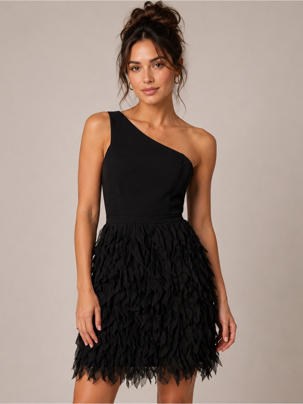 Adrianna Papell Stunning Black One-Shoulder Dress with Textured Skirt 2